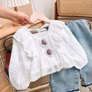 ربيع وخريف جديد بنت cute bubble كم توب with straight jeans طقم قطعتين
