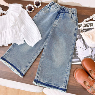 ربيع وخريف جديد بنت cute bubble كم توب with straight jeans طقم قطعتين