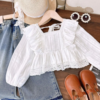 ربيع وخريف جديد بنت cute bubble كم توب with straight jeans طقم قطعتين