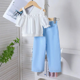 صيف كاجوال بنات طقم قطعتين halter shoulder توب & blue pants in size 2-7y fashionable solid pattern daily use