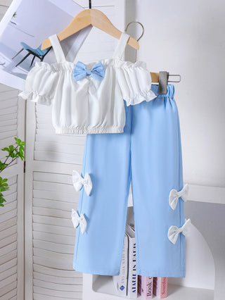 صيف كاجوال بنات طقم قطعتين halter shoulder توب & blue pants in size 2-7y fashionable solid pattern daily use