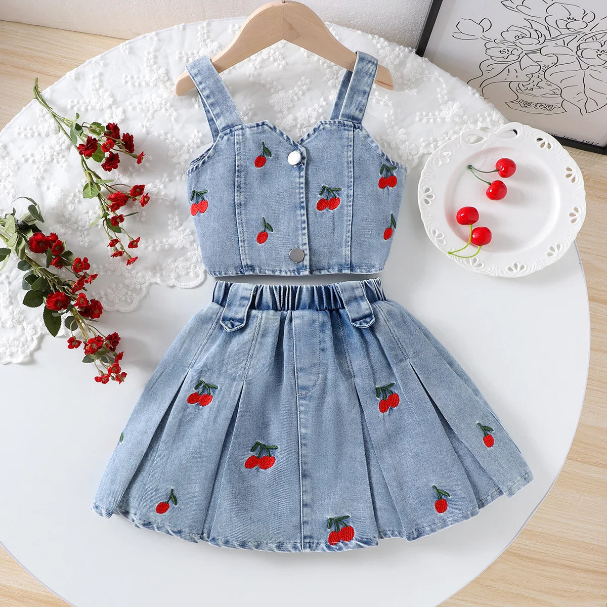 صيف cute بنت's clothing دينم embroidery cherry single-breasted فيست قصير جيب بنات clothing sets children's clothing