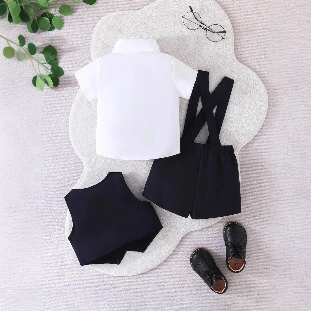 صيف gentleman ولد and baby three-piece cotton بدلة 100% cotton أكمام قصيرة collar توب straps small waistcoat 3pcs طقم