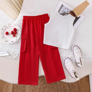 صيف بنت طقم قطعتين كم فيست red wide leg cotton knit outfit animal logo صيف outfits