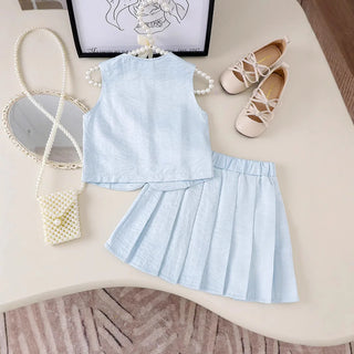 صيف بنات' كاجوال طقم قطعتين light blue بدون أكمام waistcoat with بليسيه جيب and flower pattern جديد ستايل