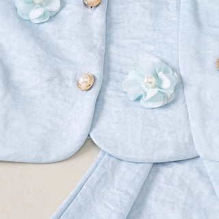 صيف بنات' كاجوال طقم قطعتين light blue بدون أكمام waistcoat with بليسيه جيب and flower pattern جديد ستايل