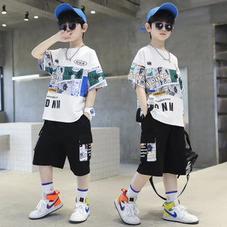 صيف جديد أولاد أكمام قصيرة بدلة cuhk ستايل كاجوال cotton half-كم jacket printed طقم قطعتين for children handsome