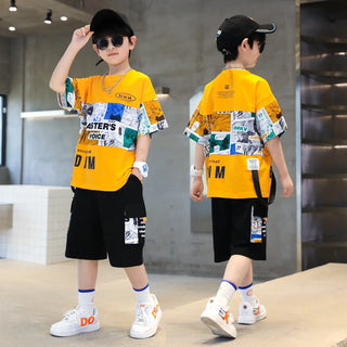 صيف جديد أولاد أكمام قصيرة بدلة cuhk ستايل كاجوال cotton half-كم jacket printed طقم قطعتين for children handsome
