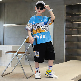 صيف جديد أولاد أكمام قصيرة بدلة cuhk ستايل كاجوال cotton half-كم jacket printed طقم قطعتين for children handsome