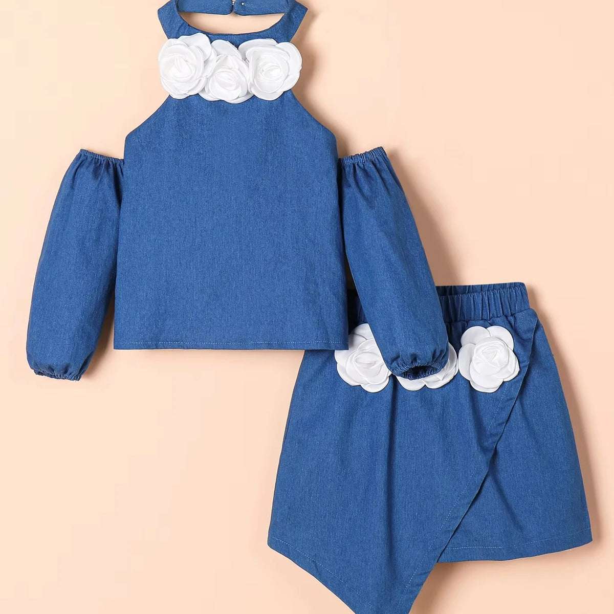 صيف جديد بنت كاجوال طقم قطعتين solid color three-dimensional flower jacket جيب shoulder hanging neck