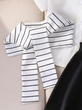 صيف جديد بنات academic ستايل striped shawl flip collar shirt with solid color جيب two-piece