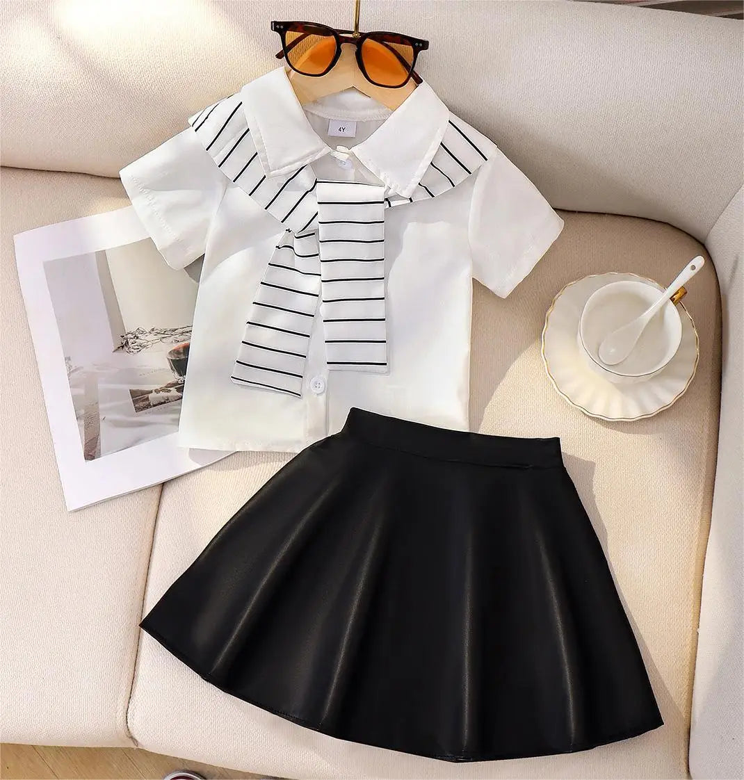 صيف جديد بنات academic ستايل striped shawl flip collar shirt with solid color جيب two-piece