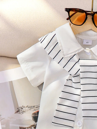 صيف جديد بنات academic ستايل striped shawl flip collar shirt with solid color جيب two-piece