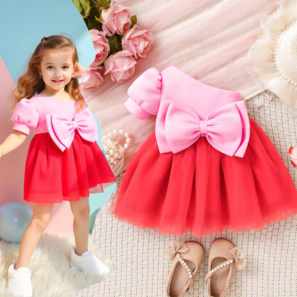 صيف أميرة فستان for بنات hot baby bow bubble كم patchwork تل فستان odm supply solid pattern ruffles knee-length