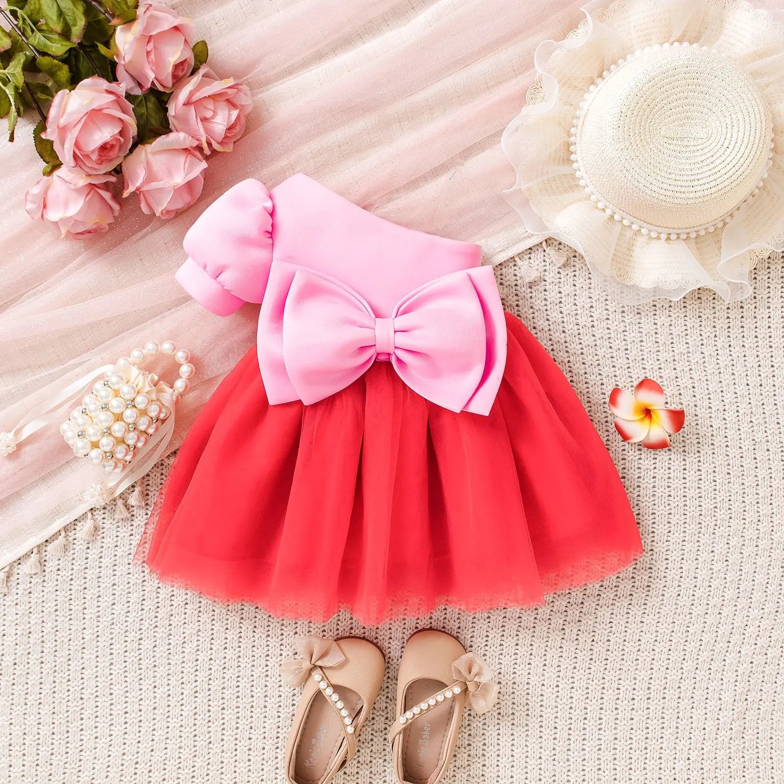 صيف أميرة فستان for بنات hot baby bow bubble كم patchwork تل فستان odm supply solid pattern ruffles knee-length