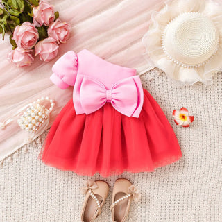 صيف أميرة فستان for بنات hot baby bow bubble كم patchwork تل فستان odm supply solid pattern ruffles knee-length