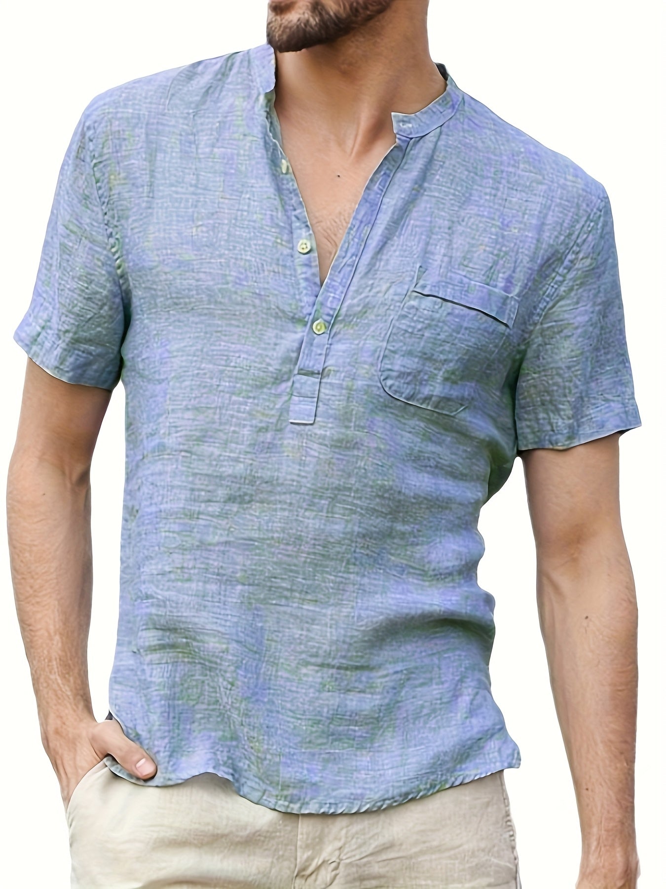 قميص رجالي خفيف الوزن من القطن والكتان بفتحة رقبة على شكل حرف V