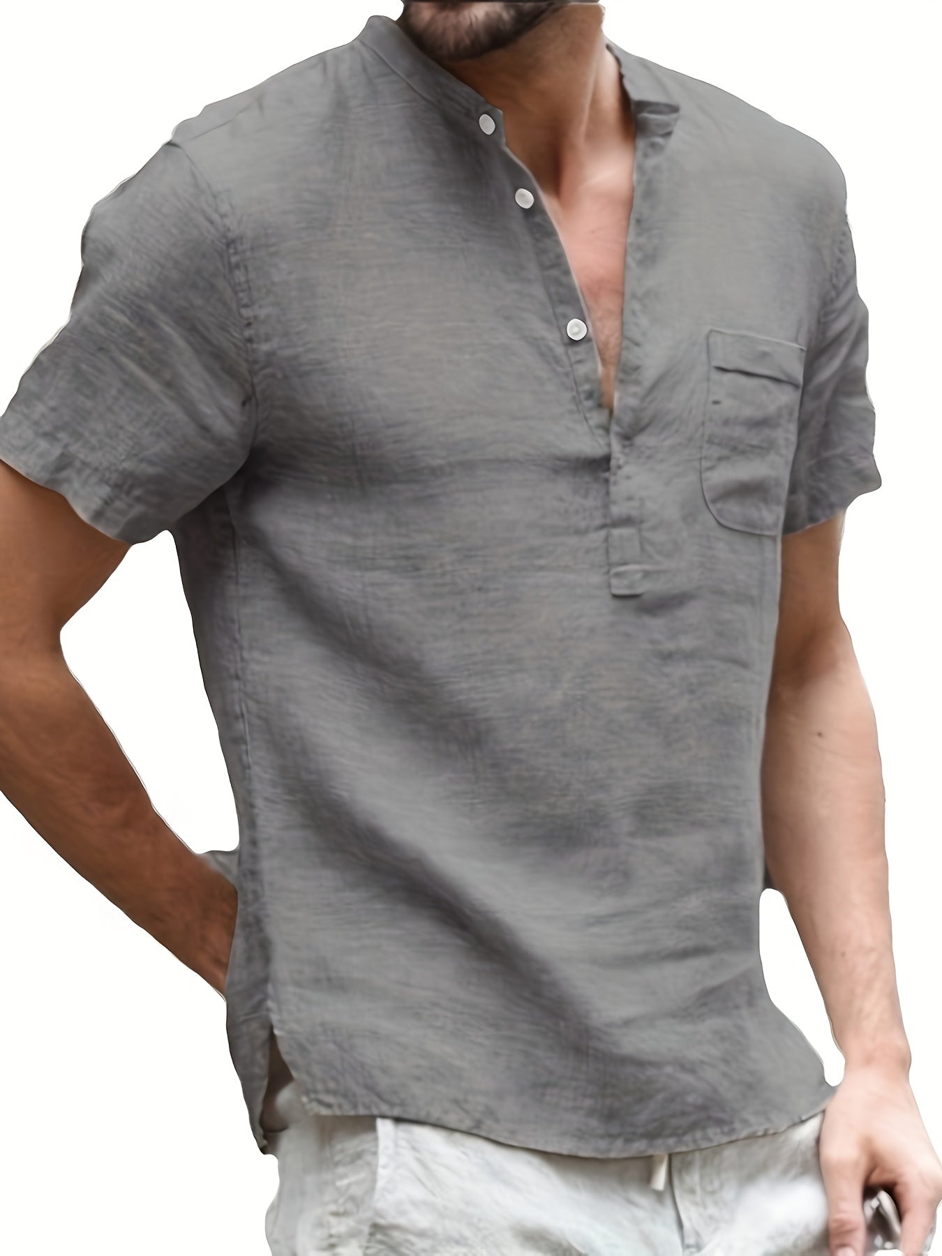 قميص رجالي خفيف الوزن من القطن والكتان بفتحة رقبة على شكل حرف V