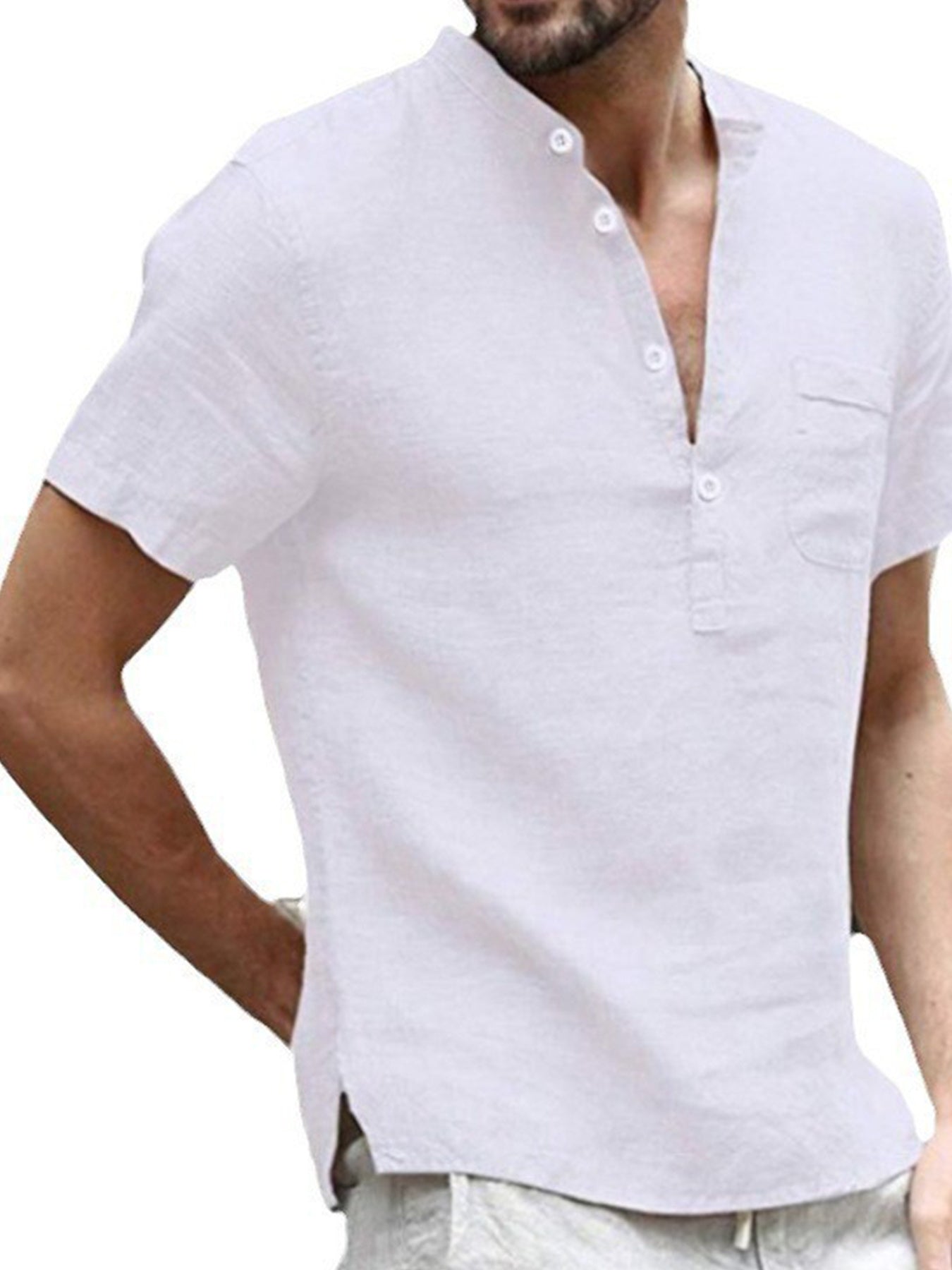 قميص رجالي خفيف الوزن من القطن والكتان بفتحة رقبة على شكل حرف V