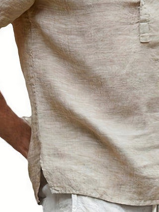 قميص رجالي خفيف الوزن من القطن والكتان بفتحة رقبة على شكل حرف V