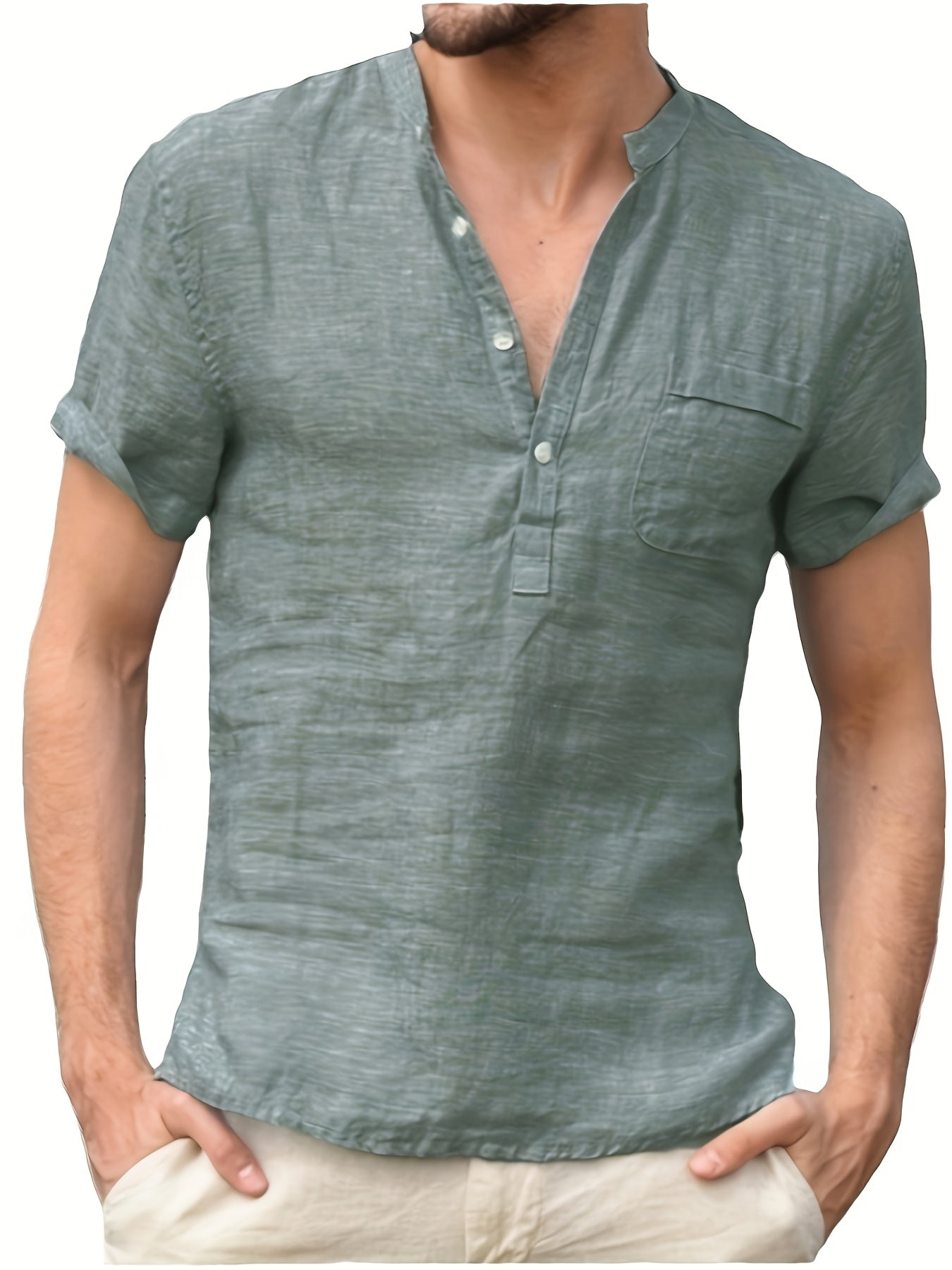 قميص رجالي خفيف الوزن من القطن والكتان بفتحة رقبة على شكل حرف V