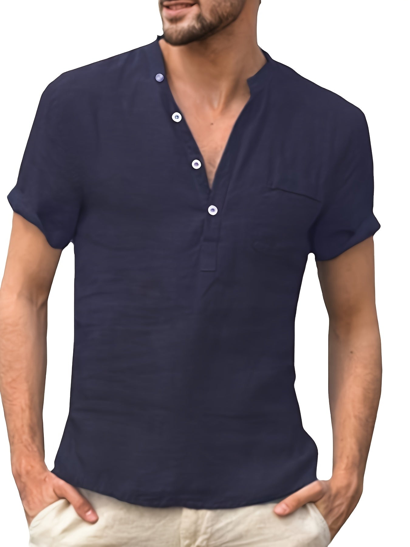 قميص رجالي خفيف الوزن من القطن والكتان بفتحة رقبة على شكل حرف V