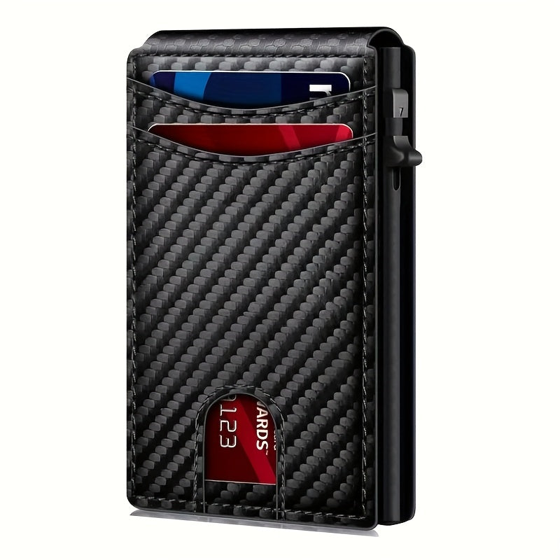 1 قطعة محفظة ذكية للرجال مانعة للاختراق RFID - حافظة بطاقات ائتمانية من الألياف الكربونية بتصميم مينيماليست مع نافذة هوية لـ 10+ بطاقة، أسود - هدايا عيد الأب، عيد الحب، هالوين، حقيبة متعددة البطاقات، إكسسوار سفر، تخزين نقدي، تصميم أنيق، بناء متين، إغلاق آ
