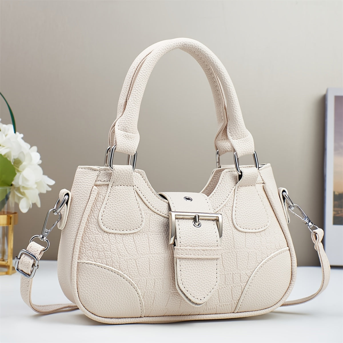 حقيبة يد محبوكة بني ورمادي للنساء - حقيبة كتف وكتف متعددة الاستخدامات مع حزام قابل للفصل، إغلاق بسحاب، وبطانة بوليستر، حقيبة يد أنيقة للاستخدام اليومي