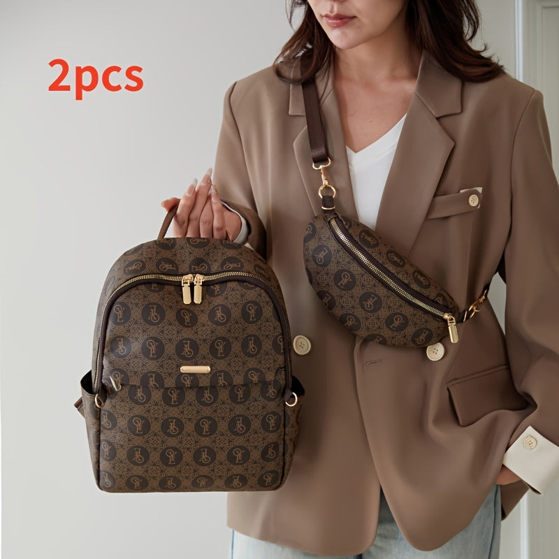 طقم حقائب كتف نسائية عادية من البولي يوريثان مكون من قطعتين، 2025 طباعة فينتاج عصرية لحقائب الكروس للسفر والتنقل مع حقيبة صدر واحدة للنساء