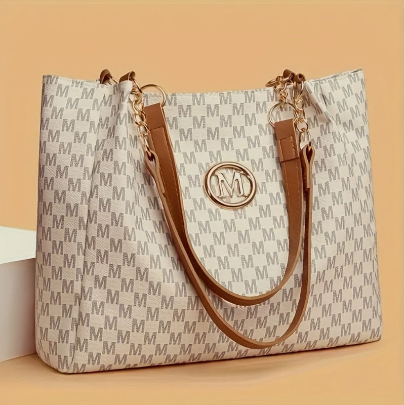 حقيبة يد نسائية أنيقة بنقشة هاوندستوث مع حزام سلسلة ذهبية وشعار 'M' - حقيبة كتف قابلة للتعديل باللون البني الفاتح/الأبيض/الأسود، إغلاق بسحاب، بطانة بوليستر للمناسبات العادية والرسمية، محفظة فاخرة يومية | إكسسوار أزياء متعدد الاستخدامات | حقيبة متينة وأنيق