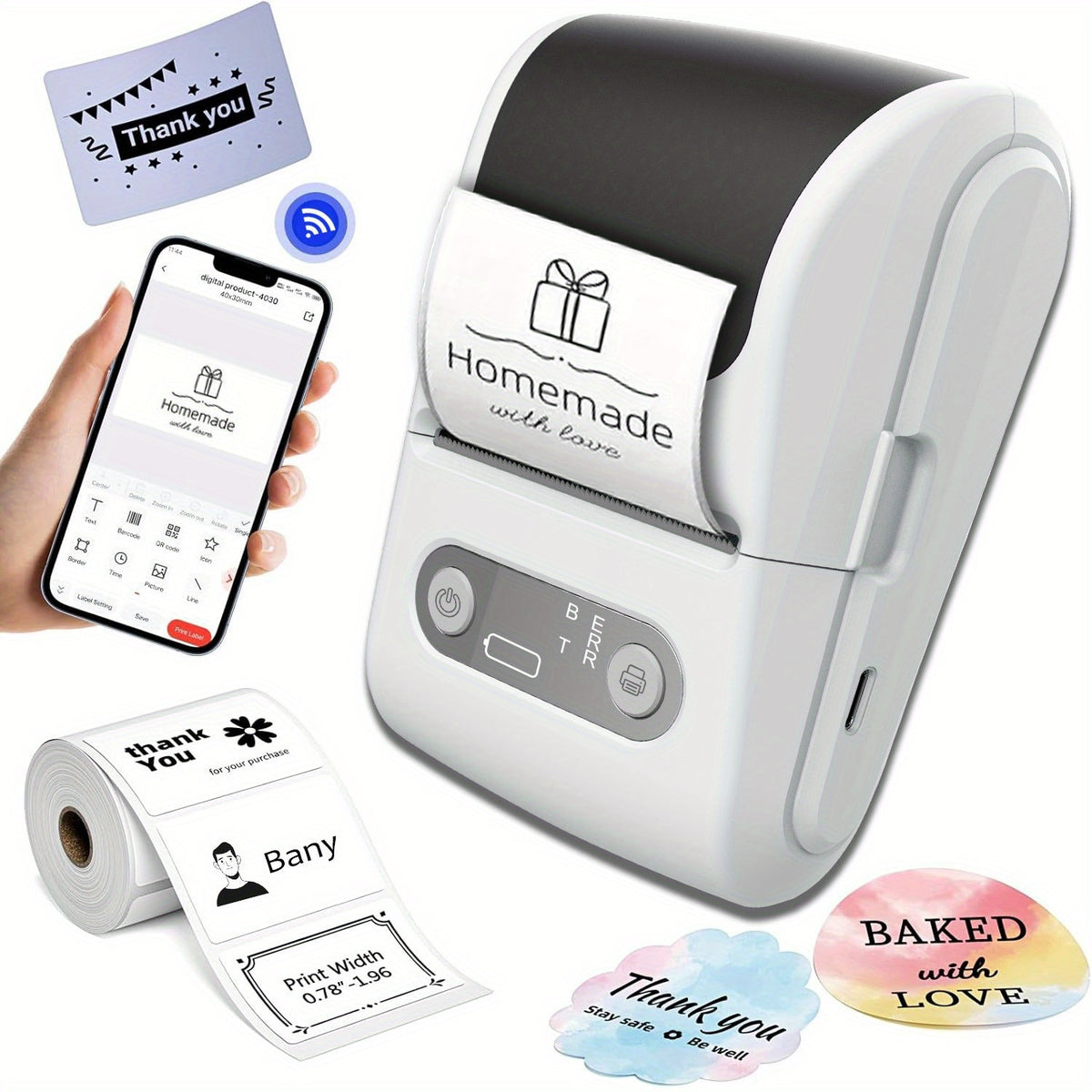 طابعة ملصقات حرارية لاسلكية محمولة - آلة صنع الباركود والملصقات الصغيرة، مناسبة للمكتب، التجزئة، ملصقات المجوهرات، ملصقات DIY، ملاحظات لاصقة منزلية وملصقات متوافقة مع iOS و Android، تتضمن 1 لفة من الملصقات مقاس 40x30 مم، بطارية قابلة للشحن، شحن USB