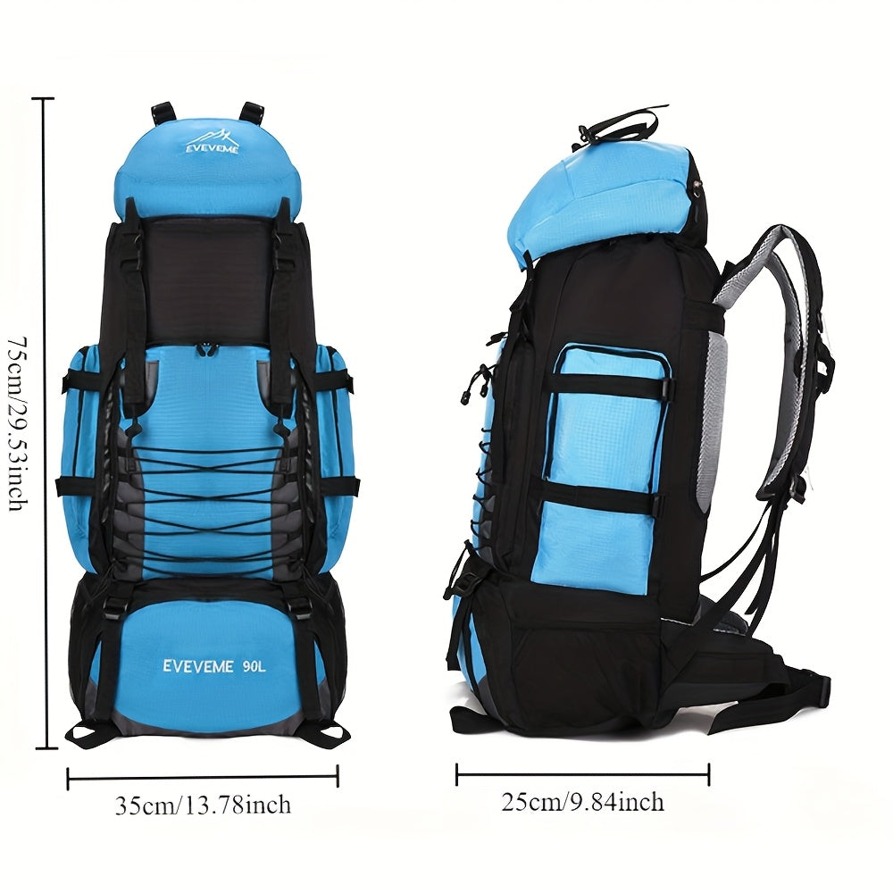 حقيبة ظهر نايلون للجنسين بسعة 90 لترًا - حقيبة ظهر كبيرة للمشي لمسافات طويلة والسفر مع أحزمة قابلة للتعديل، عدة أقسام، وتصميم متين للمغامرات الخارجية، والتنقل اليومي، والاستخدام العادي، ومعدات المشي لمسافات طويلة