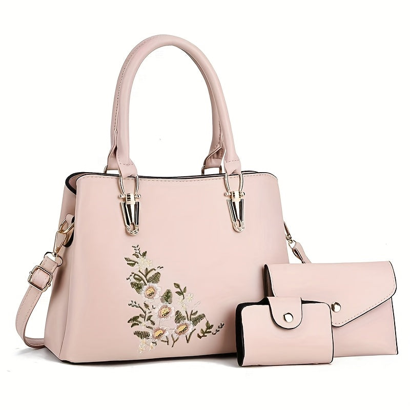 حقيبة يد ومحفظة نسائية أنيقة مطرزة بالزهور من الجلد الصناعي الصناعي - حزام قابل للتعديل، مضاد للسرقة، سعة كبيرة، مثالية للعمل، السفر، التنقل - متوفرة باللون الكاكي، الوردي، الأزرق، الأسود