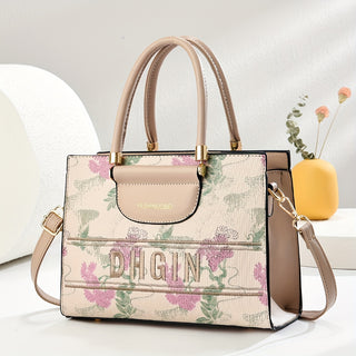 حقيبة يد نسائية أنيقة بطبعة زهور - حقيبة كروس سوداء وبيضاء من الجلد الصناعي مع إكسسوارات ذهبية اللون وبطانة بوليستر وحزام قابل للتعديل