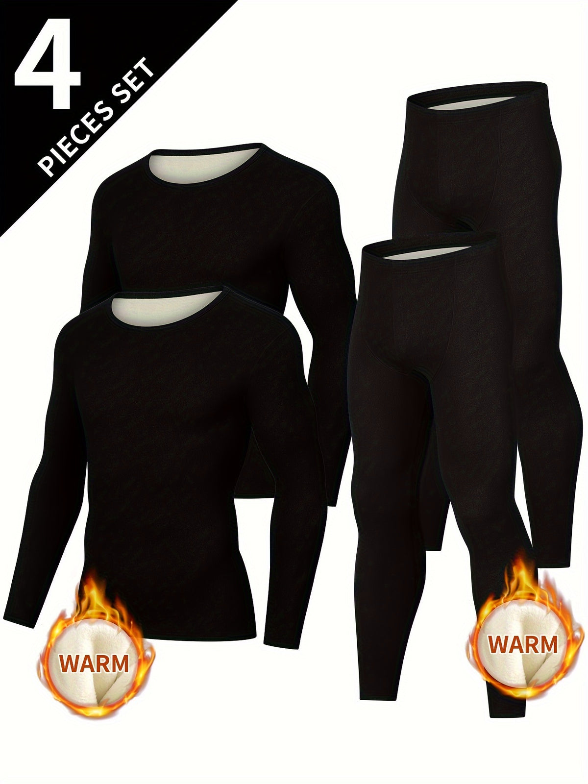 طقم ملابس داخلية حرارية للرجال مكون من 4 قطع - طبقة أساسية من البوليستر مع قميص بأكمام طويلة وسروال لفصل الخريف/الشتاء - لون موحد، مقاس عادي، قماش مرن