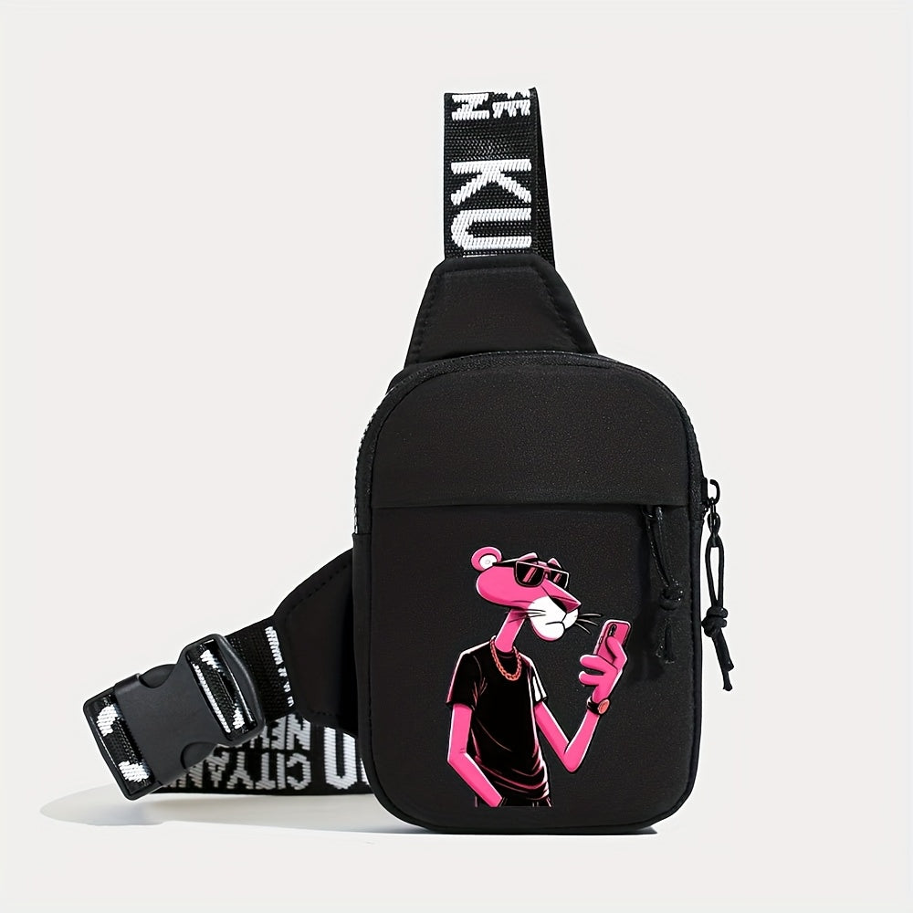 حقيبة كتف رجالية أنيقة بنقشة الفهد الوردي - حقيبة صدر وخصر متعددة الاستخدامات بحزام أسود قابل للتعديل، تصميم مدمج للاستخدام اليومي، إغلاق بسحاب، حواف مخيطة متينة، حقيبة يد للمواصلات | إكسسوار أزياء | أحزمة عالية الجودة