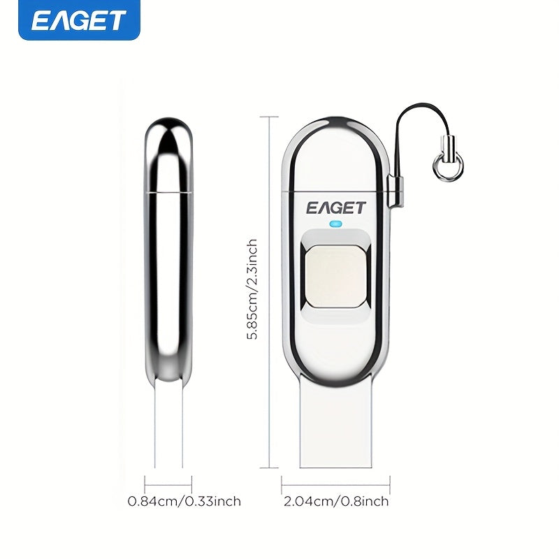 ذاكرة USB مشفرة بالبصمة EAGET، 64GB/128GB/256GB، تخزين خارجي عالي السرعة USB 3.2 مع أمان كلمة مرور وبيومتري لأجهزة iPhone 16/15 والكمبيوتر المحمول والمكتبي