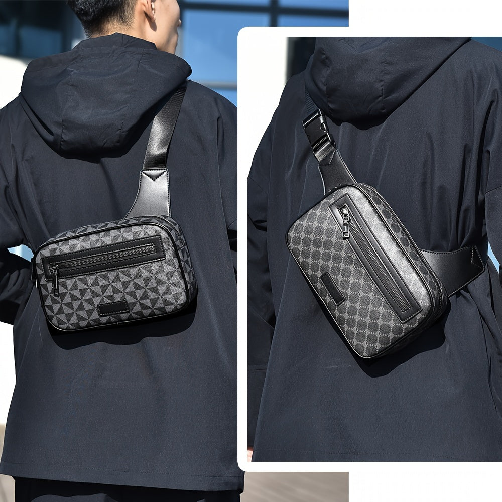 حقيبة كتف غير رسمية للرجال، حقيبة صدر متعددة الأقسام، حزام قابل للتعديل، بدون طباعة، باللون الأسود - مثالية للخروج