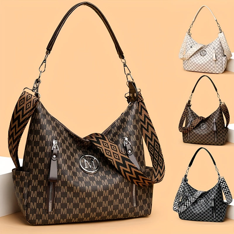 حقيبة زنزفية بوهيمية للنساء من بيرفكت ليلي - سعة كبيرة، حزام عريض قابل للتعديل، متعددة الجيوب مع إغلاق بسحاب، جلد صناعي، تصميمات هندسية وحروف باللون البني والأبيض والأسود وأكثر، مثالية للتنقل اليومي والسفر