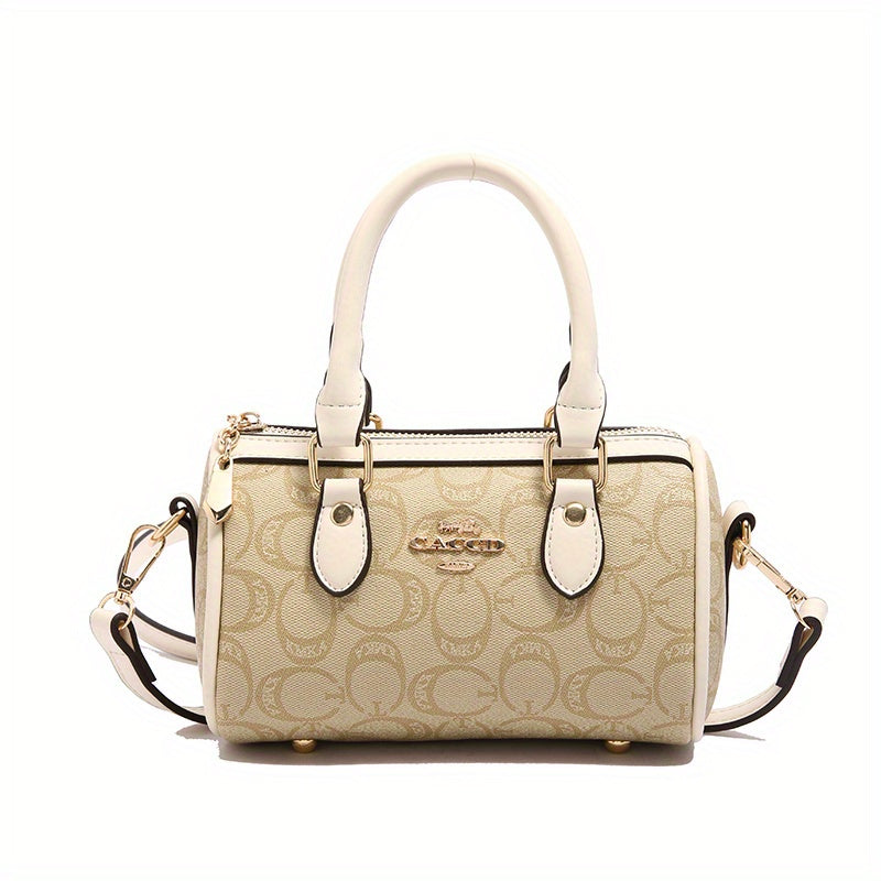 حقيبة يد نسائية أنيقة من بوسطن - نمط هندسي أبيض، حزام كتف قابل للفصل، إغلاق بسحاب، مبطنة بالبوليستر، طلاء على الحواف، إكسسوار أنيق|تصميم أنيق|محفظة