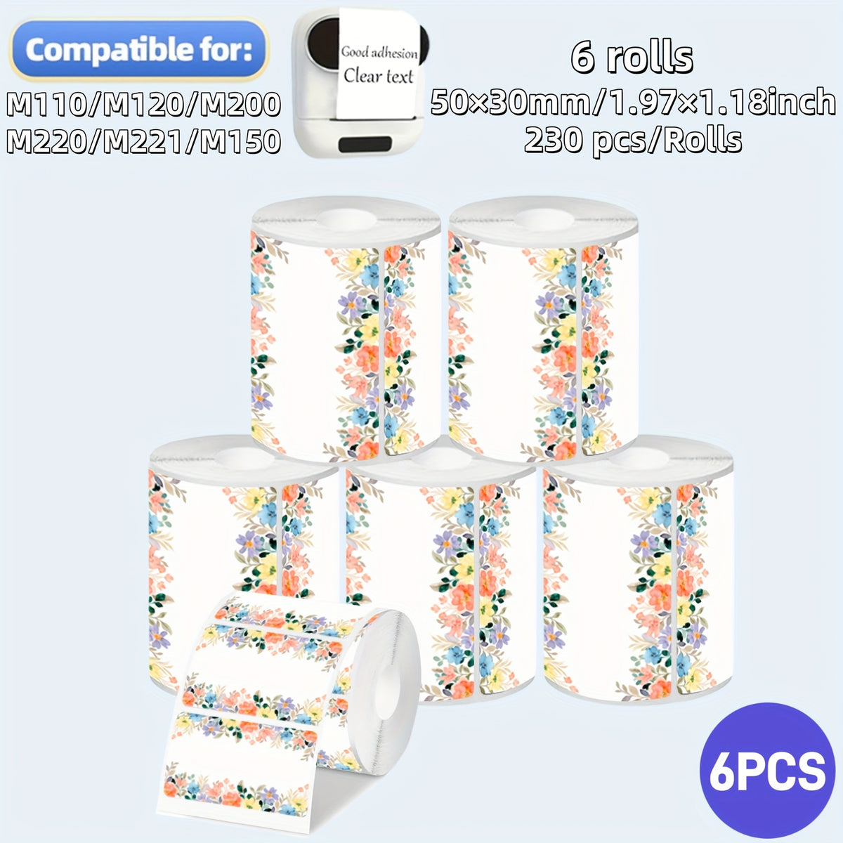 3/6 لفة، 230 ملصق في اللفة، ملصقات ورقية ذاتية اللصق على شكل حافة زهرية ملونة، متوافقة مع Phomemo M110/M120/M200/M220/M221/M150، 1.97×1.18 بوصة (50×30 مم)، ملصقات ذاتية اللصق متعددة الوظائف، مناسبة للمنزل والمكتب والمدرسة