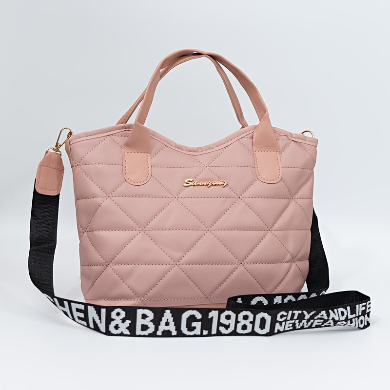 حقيبة كتف أنيقة للسيدات، سعة كبيرة مبطنة بالخياطة مع الترتر، خفيفة الوزن مع حزام قابل للإزالة، إغلاق بسحاب، بطانة بوليستر، تفاصيل طلاء الحافة، متعددة الاستخدامات للcarry باليد والكتف - أسود/أبيض/أحمر/وردي/رمادي