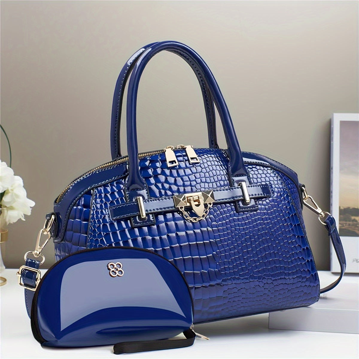 هدية للأم: حقيبة كتف عصرية بطبعة تمساح وكتابة لامعة، مجموعة حقائب كبيرة السعة - هدية مثالية لعيد الشكر