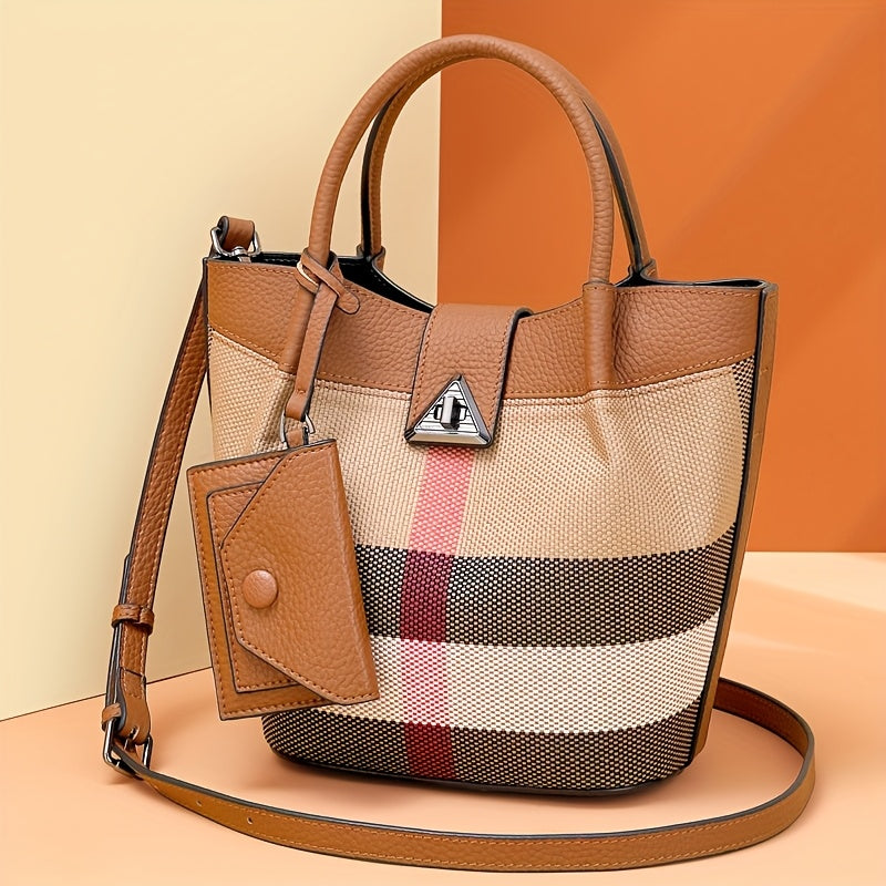 مجموعة حقائب كروس نسائية أنيقة مع قطعتين، تتضمن حقيبة يد متعددة الوظائف بنقشة مربعات عتيقة وحقيبة كتف صغيرة، مثالية للتسوق والسفر في جميع الفصول.