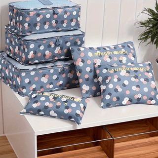 مجموعة من 6 قطع من أكياس تنظيم الأمتعة الزرقاء المزخرفة بالزهور للسفر، مكعبات التعبئة للحقائب مع مقابض، منظمو حقائب السفر الشبكية للملابس ومستحضرات التجميل وأدوات النظافة الشخصية، إكسسوارات سفر أساسية، مستلزمات العطلة الربيعية