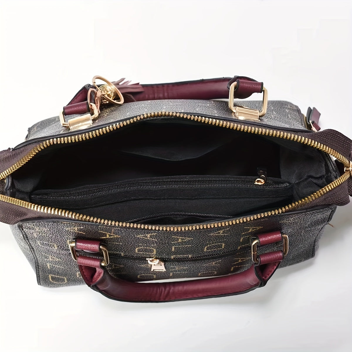 حقيبة يد أنيقة بشرابات مع حقيبة صغيرة متطابقة، نمط خيوط، إغلاق بسحاب، مبطنة بوليستر، حواف ملونة - ألوان متعددة (بيج، بني، وردي، أحمر)