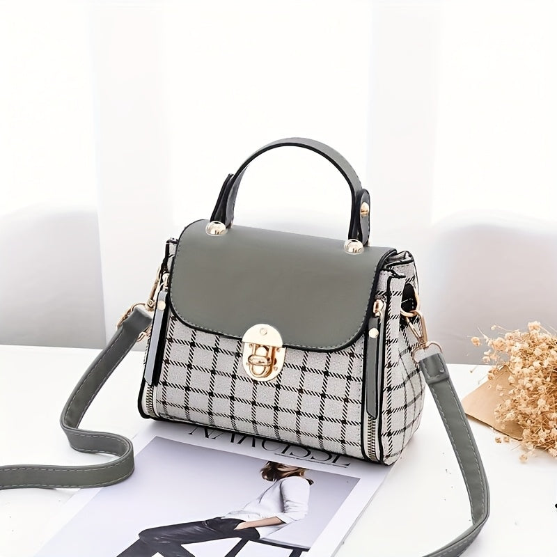 حقيبة كروسبودي أنيقة بتصميم مربعات أبيض وأسود مع حزام قابل للفصل، أدوات ذهبية اللون ومشبك زخرفي للنساء - حقيبة يد ريترو