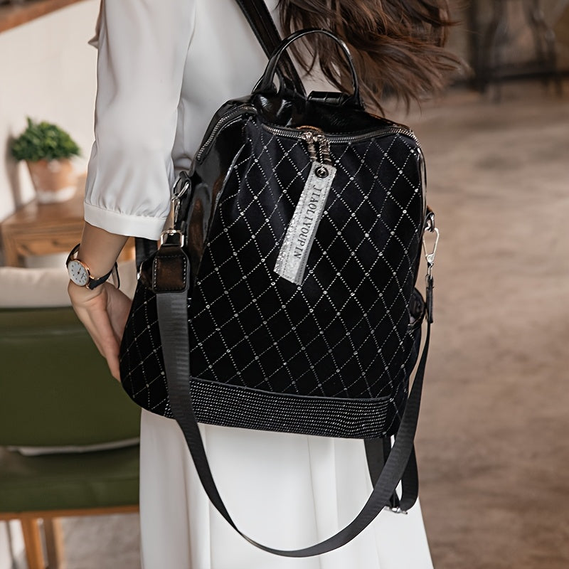 حقيبة ظهر نسائية كاجوال مزينة بالراينستون مخططة ونقاط - أحزمة كتف قابلة للتعديل، سعة كبيرة للسفر والتسوق - هدية عيد الأم، عيد ميلاد، تخرج (أسود)، زخرفة الراينستون، إغلاق بسحاب