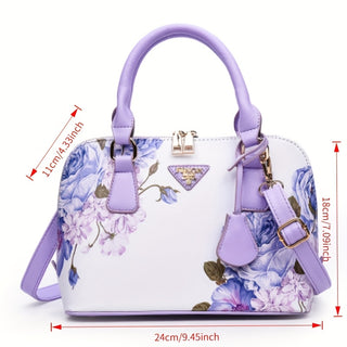 حقيبة كتف نسائية أنيقة بتصميم زهري أرجواني على شكل صدفة مع حزام قابل للتعديل/حمل يدوي، إكسسوارات ذهبية وإغلاق بسحاب - تشمل حزام للمعصم للاستخدام اليومي والمناسبات الرسمية، حقيبة صغيرة متعددة الاستخدامات، مزينة بالبولستر