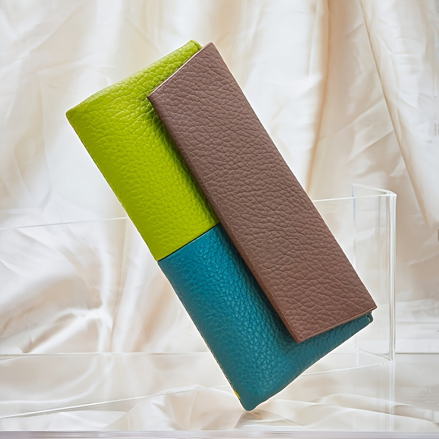 محفظة ثلاثية الطي بإغلاق مغناطيسي - تصميم بلوك ألوان رجعي بملمس الليتشي، فتحات متعددة للبطاقات وجيب للعملات - محفظة سفر مدمجة 18.54x9.4 سم للنساء والرجال - هدايا عيد الأم وحفل الزفاف، إكسسوار يومي بتصميم ثنائي اللغة وملمس مميز